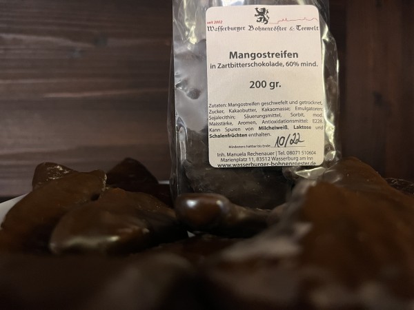 Mangostreifen in Zartbitterschokolade, lose verpackt in 200g Beutel